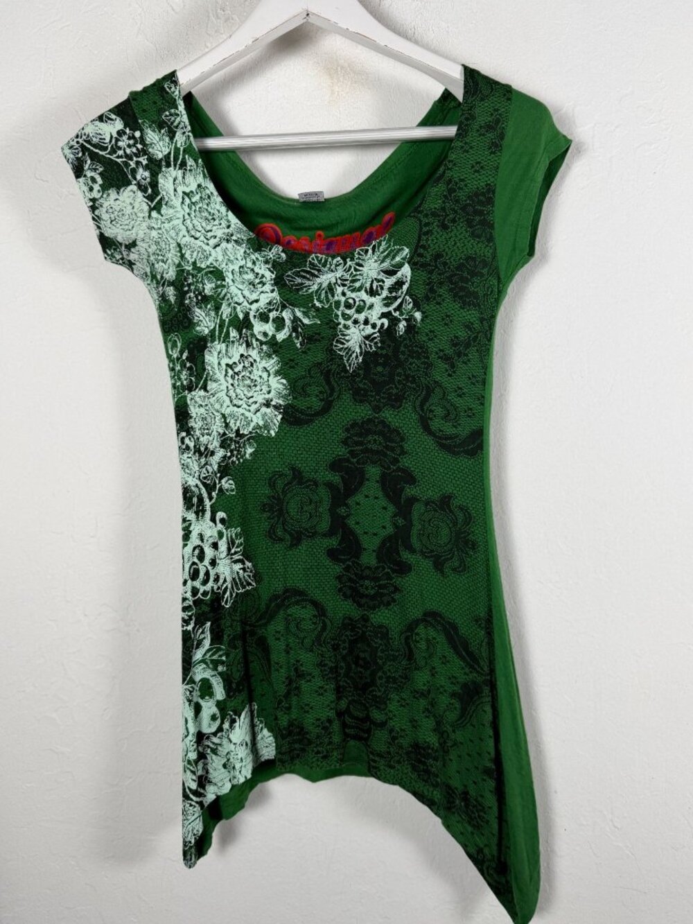 Desigual Womens Green Floral Lace Print Asymmetrical Hem Cap Sleeve Tunic Top